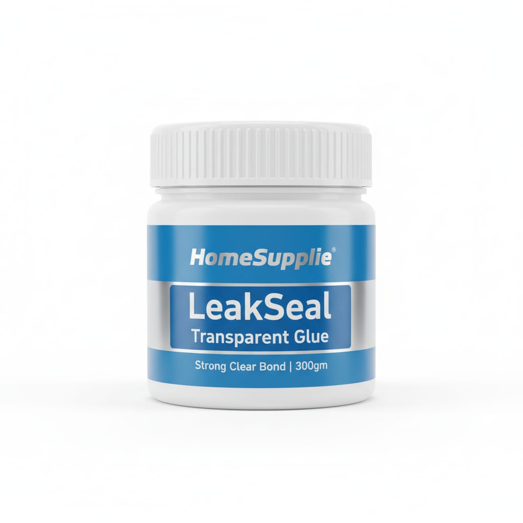 Jar of HomeSupplie LeakSeal Transparent Glue on a white background